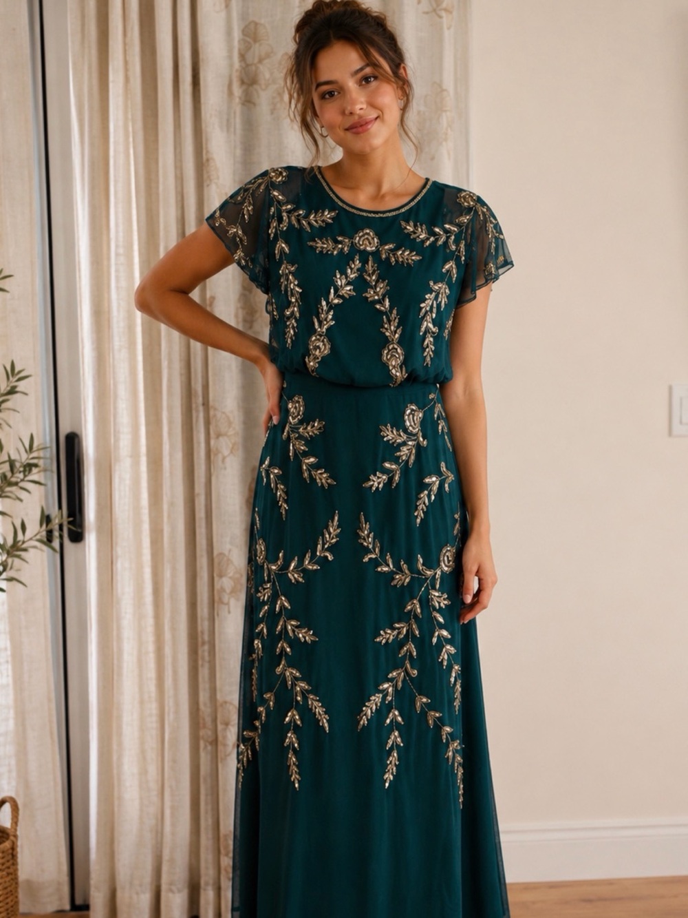 Papell Studio Elegant Green and Gold Embroidered Dress